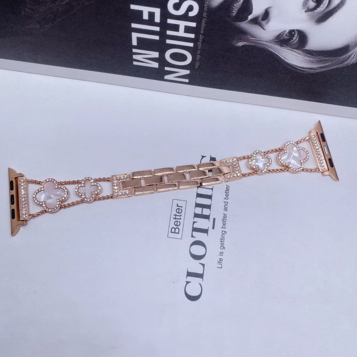 Fashionable Diamond Studded Four Leaf Clover Metal Strap