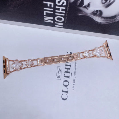 Fashionable Diamond Studded Four Leaf Clover Metal Strap