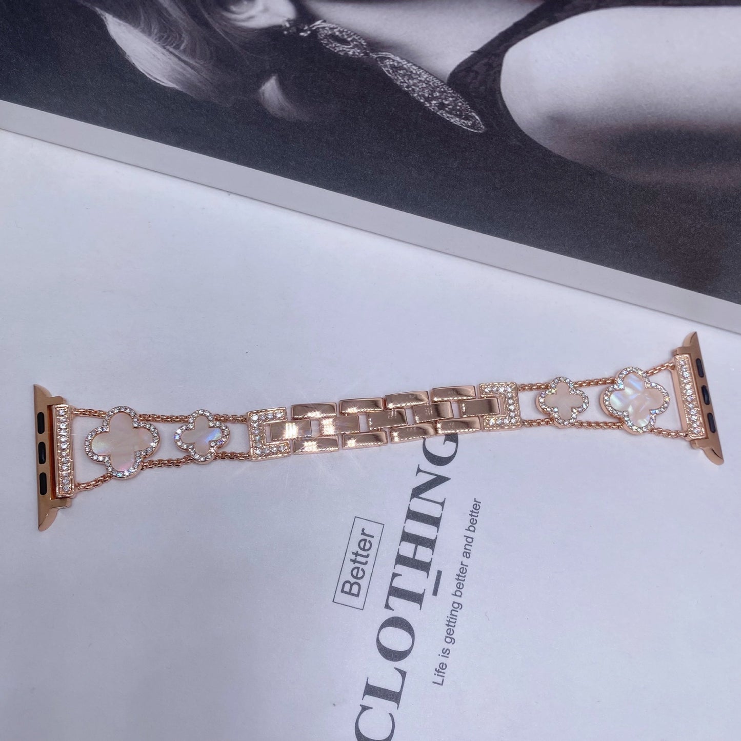 Fashionable Diamond Studded Four Leaf Clover Metal Strap