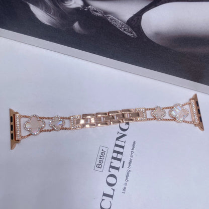Fashionable Diamond Studded Four Leaf Clover Metal Strap