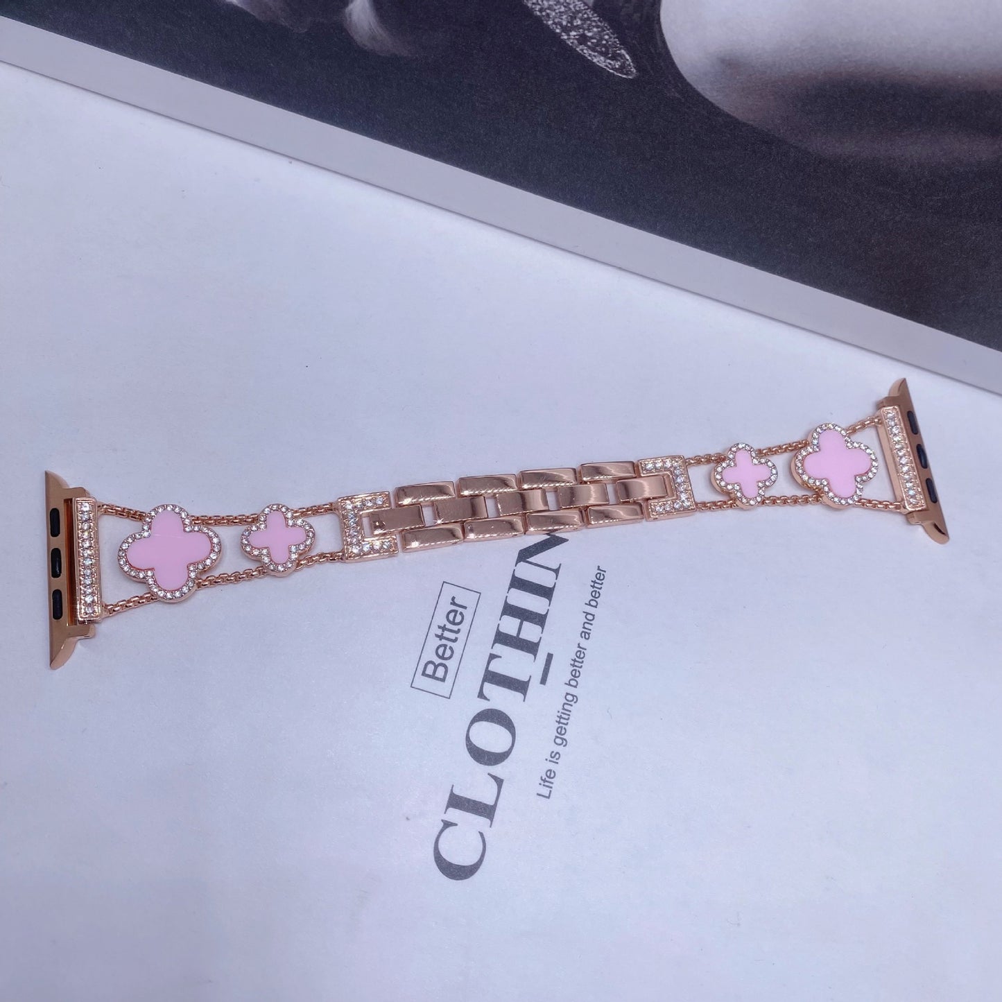 Fashionable Diamond Studded Four Leaf Clover Metal Strap