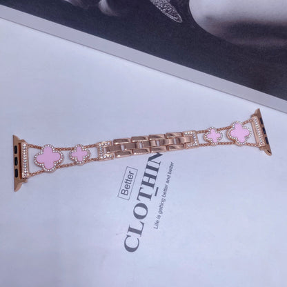 Fashionable Diamond Studded Four Leaf Clover Metal Strap