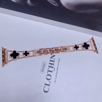 Fashionable Diamond Studded Four Leaf Clover Metal Strap