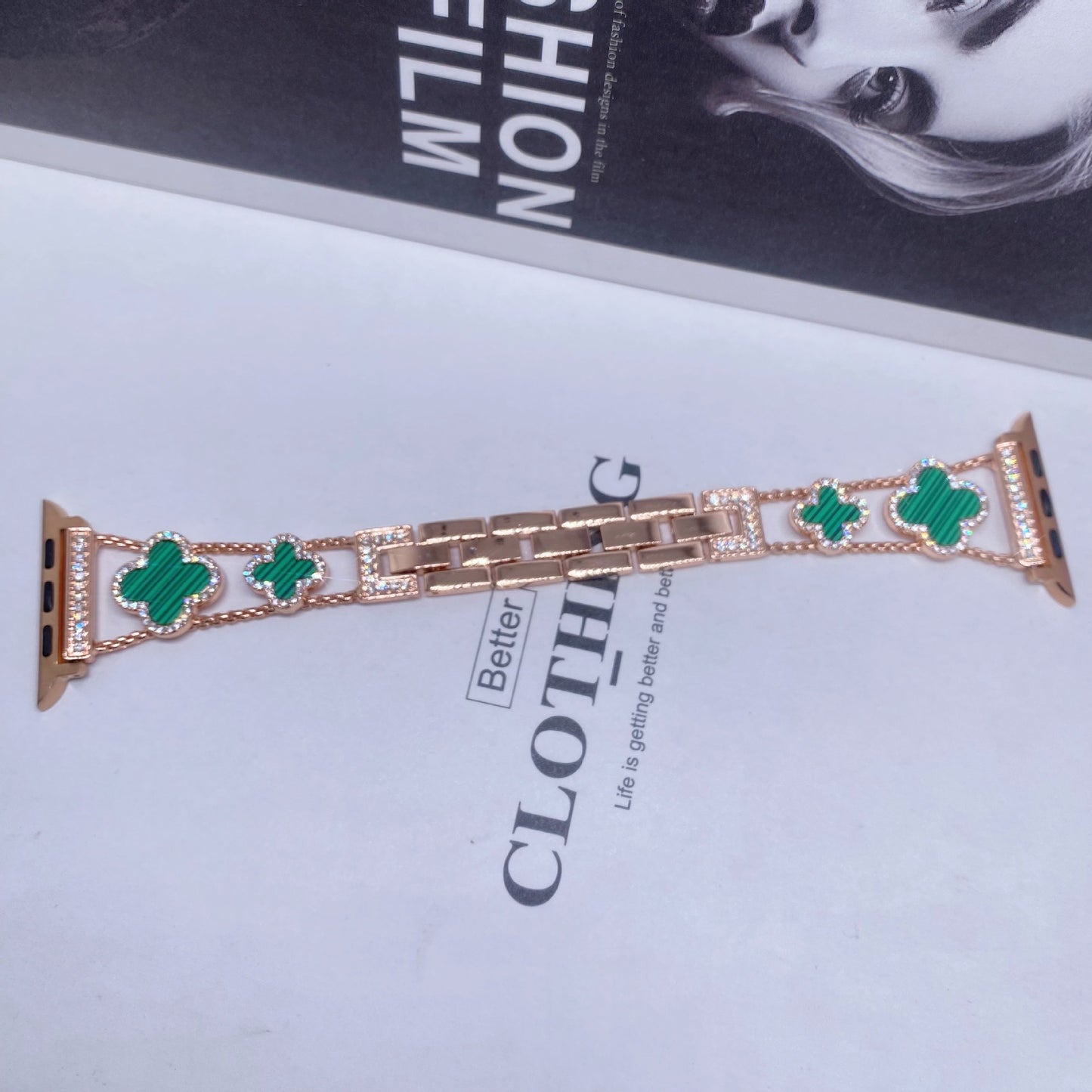 Fashionable Diamond Studded Four Leaf Clover Metal Strap