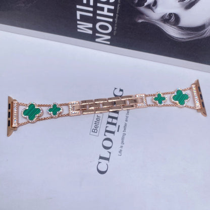Fashionable Diamond Studded Four Leaf Clover Metal Strap