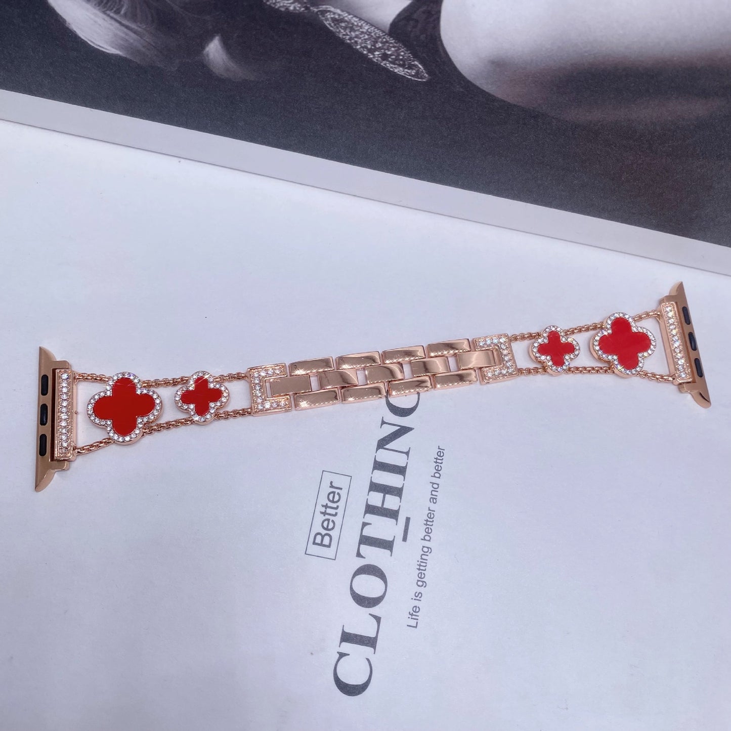 Fashionable Diamond Studded Four Leaf Clover Metal Strap