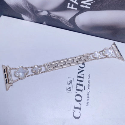 Fashionable Diamond Studded Four Leaf Clover Metal Strap