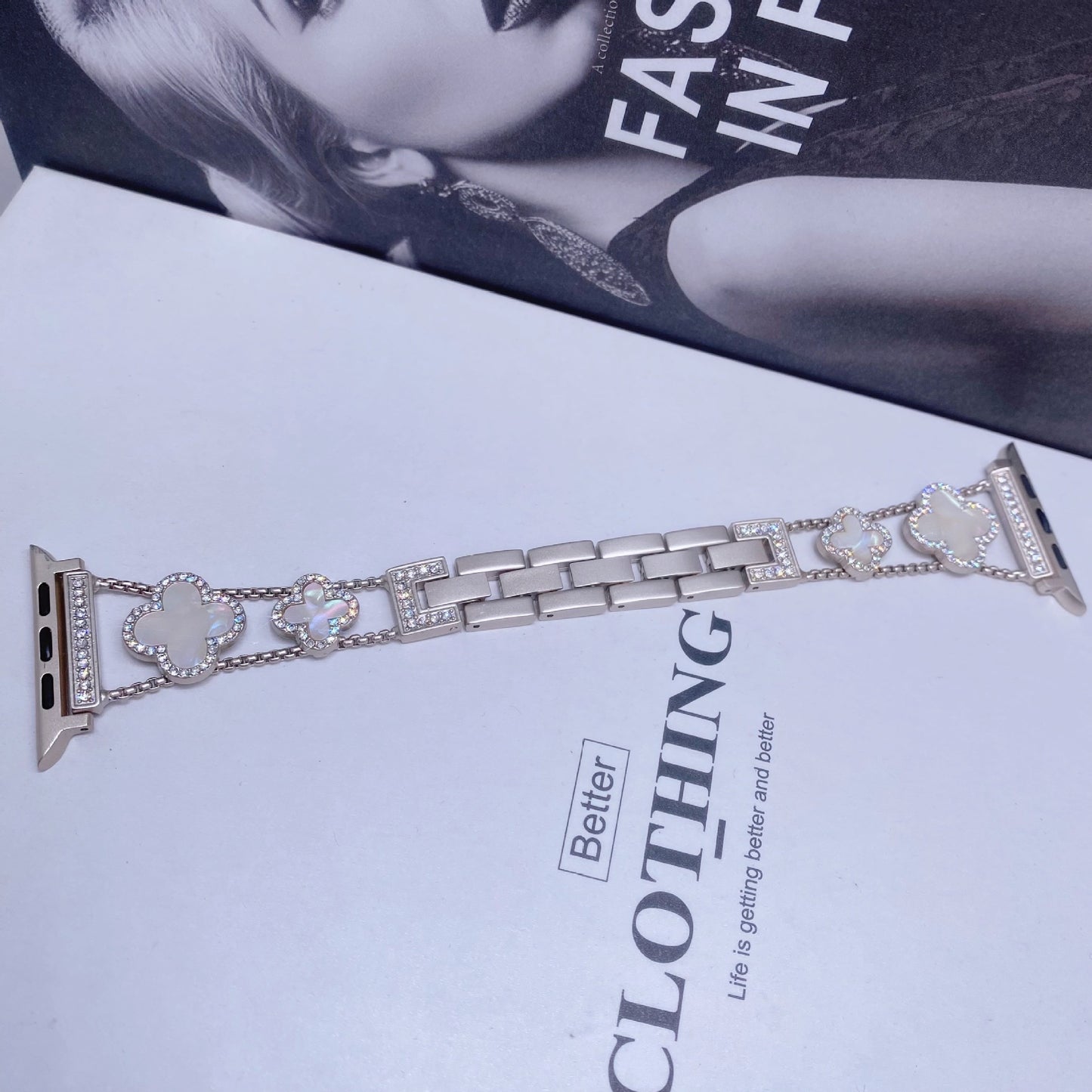 Fashionable Diamond Studded Four Leaf Clover Metal Strap