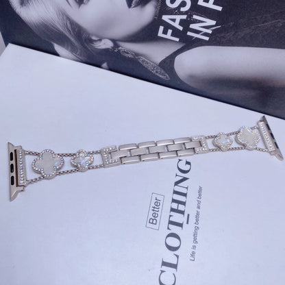 Fashionable Diamond Studded Four Leaf Clover Metal Strap