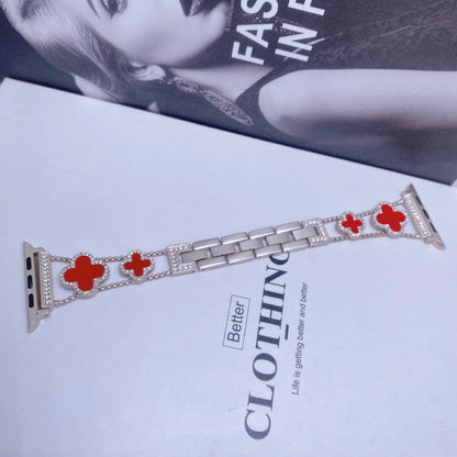 Fashionable Diamond Studded Four Leaf Clover Metal Strap