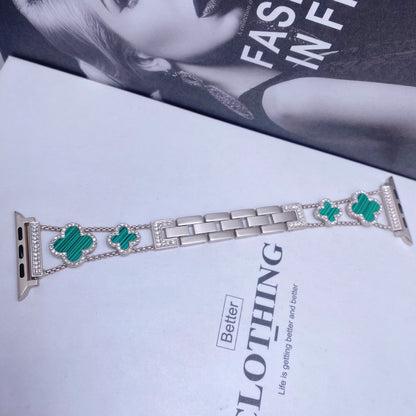 Fashionable Diamond Studded Four Leaf Clover Metal Strap