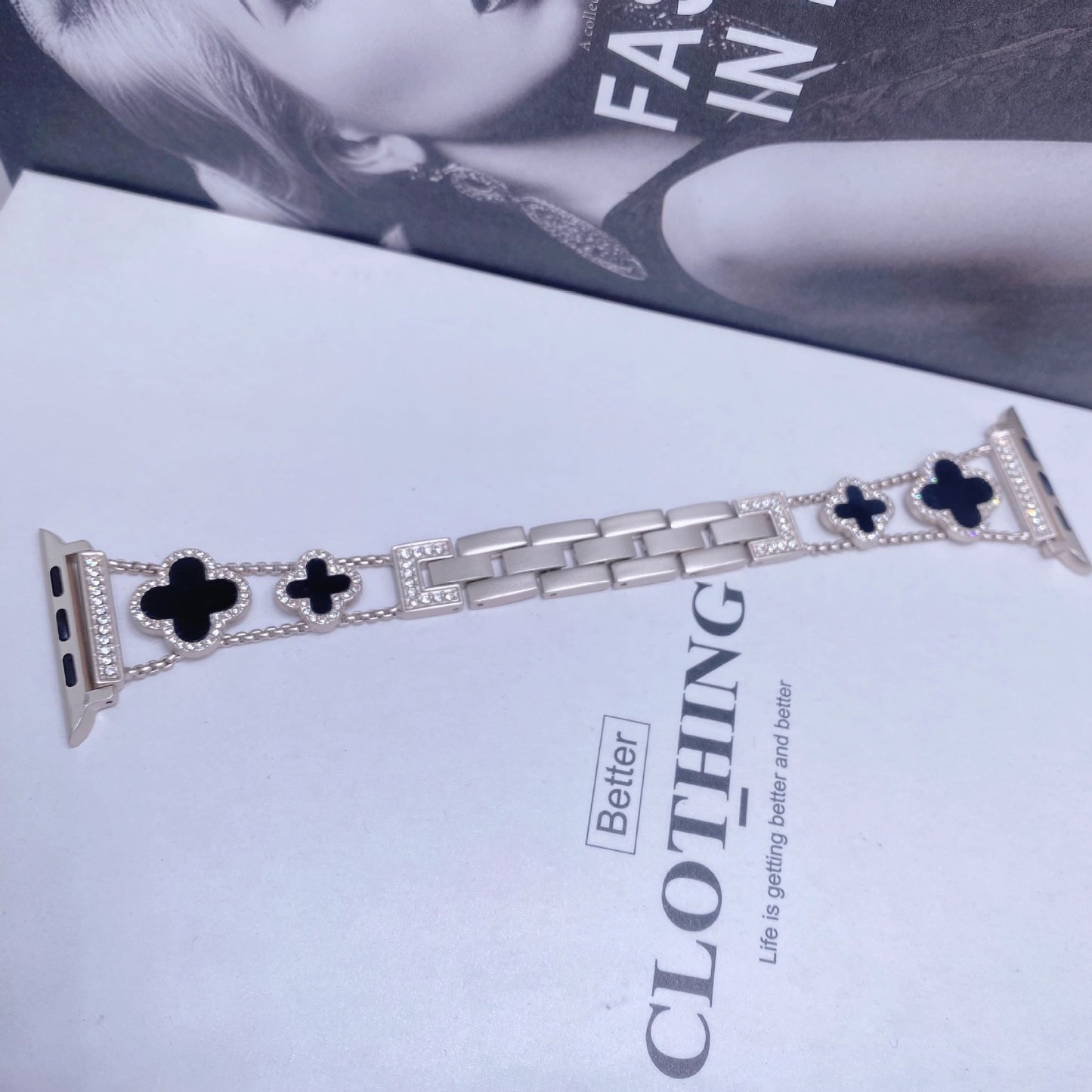 Fashionable Diamond Studded Four Leaf Clover Metal Strap