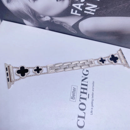 Fashionable Diamond Studded Four Leaf Clover Metal Strap
