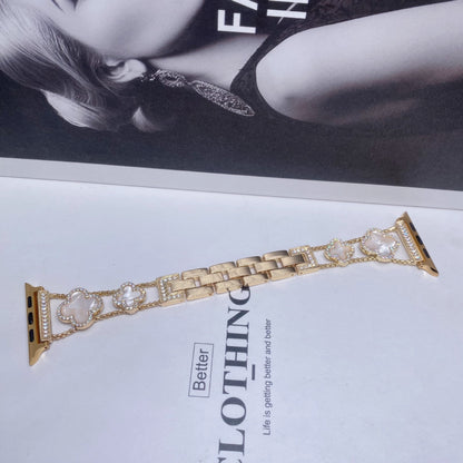 Fashionable Diamond Studded Four Leaf Clover Metal Strap