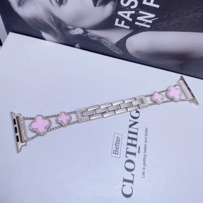 Fashionable Diamond Studded Four Leaf Clover Metal Strap