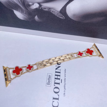 Fashionable Diamond Studded Four Leaf Clover Metal Strap