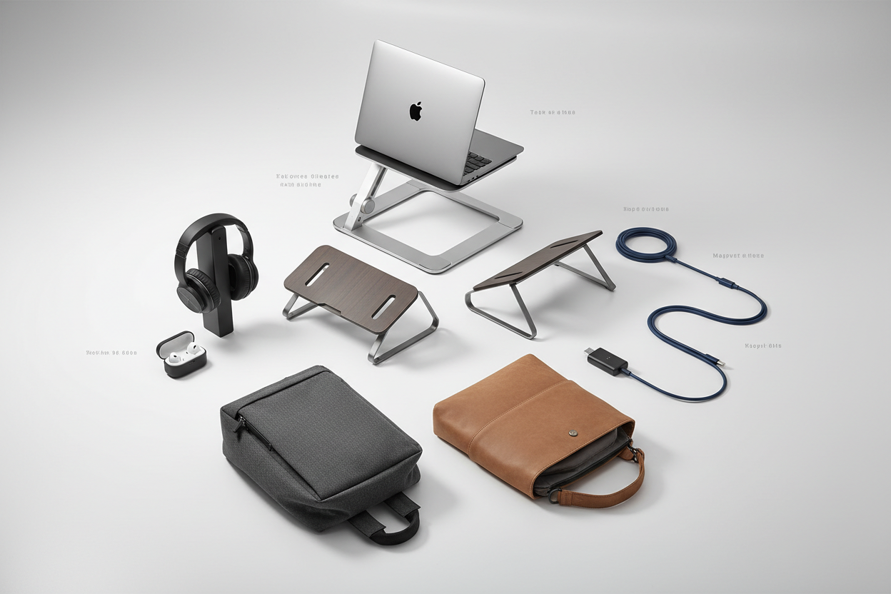 صورة فيها ستاندات وسماعات ووايرات وشنط لابتوب بشكل شرائي تسويقي